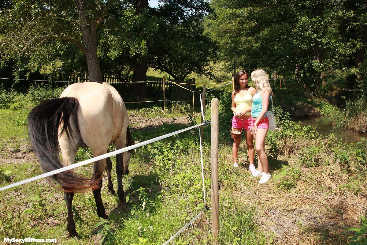 Jovencitas tienen sexo lésbico sobre una manta junto a un prado de caballos  - NakedPics