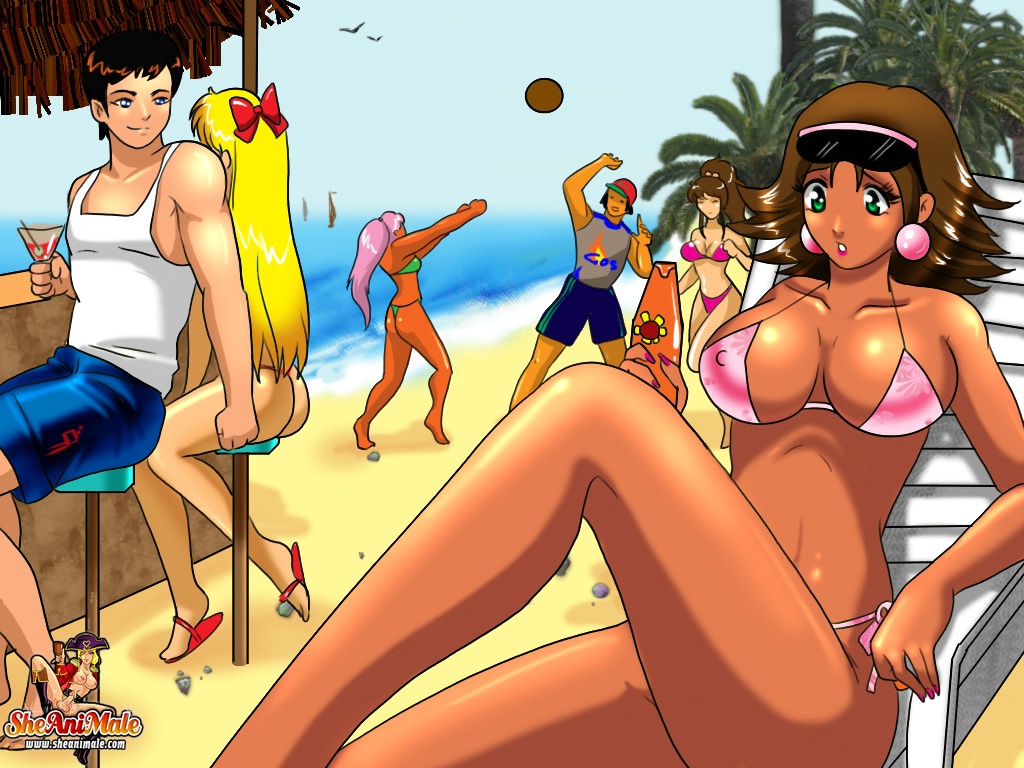 Un travelo de dessin animé avec une grosse bite et une énorme jugulation  baise un gars excité sur la plage. - NakedPics