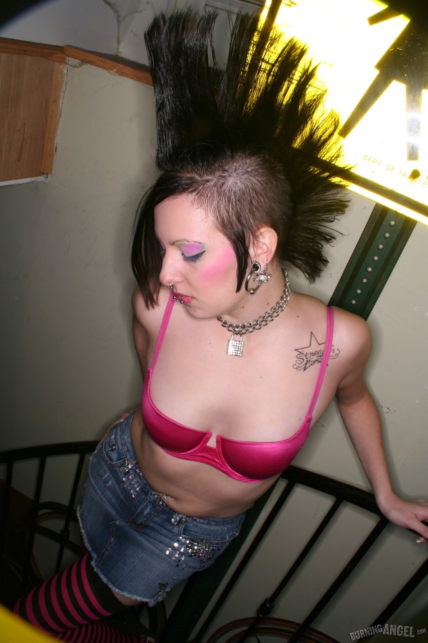 Emo girl caught half-naked on stairs rubbing her wet and shaved pussy -  NakedPics