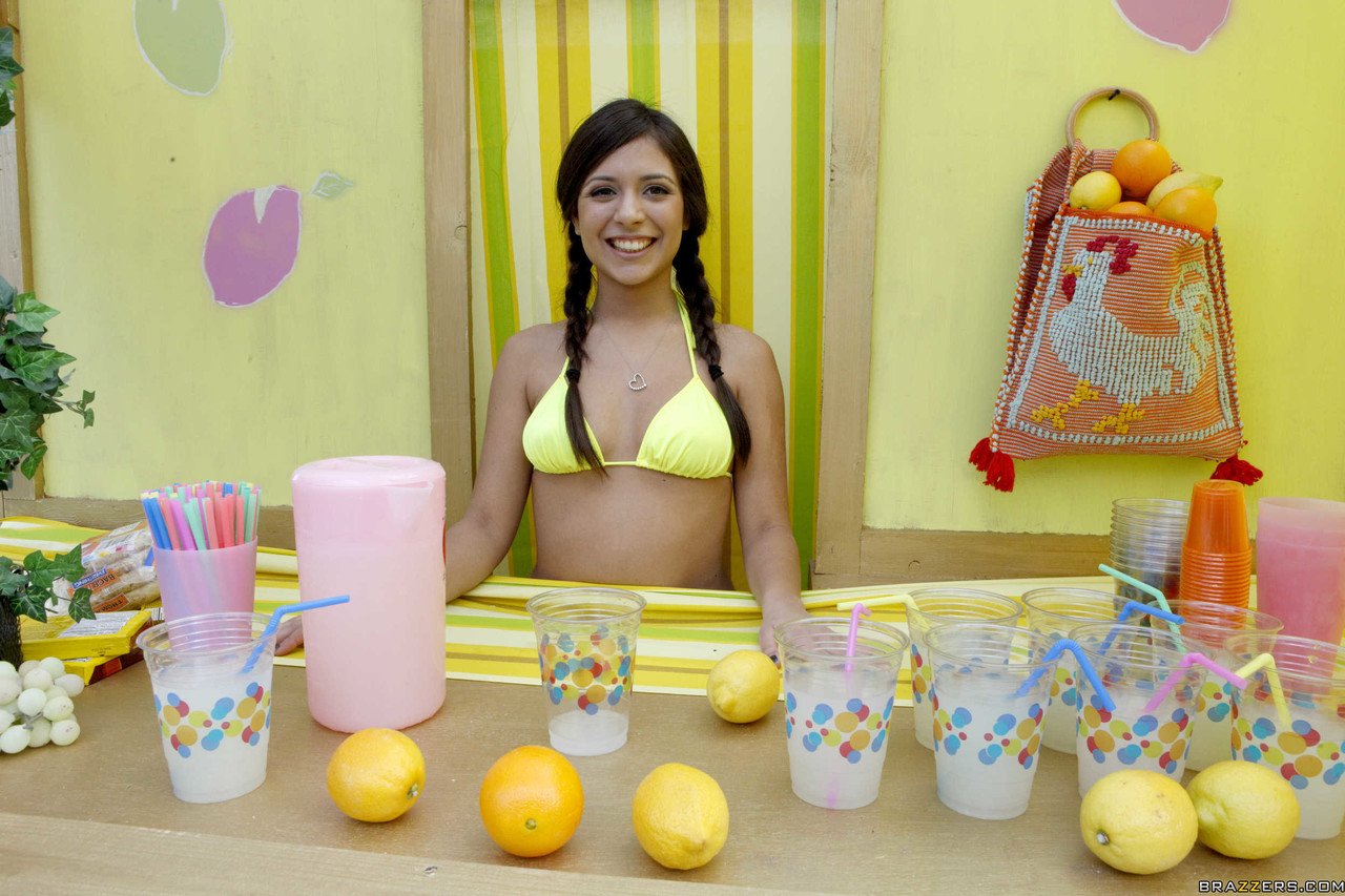 Pigtailed cutie Jynx Maze shows her natural tits at the public lemonade  stand - NakedPics