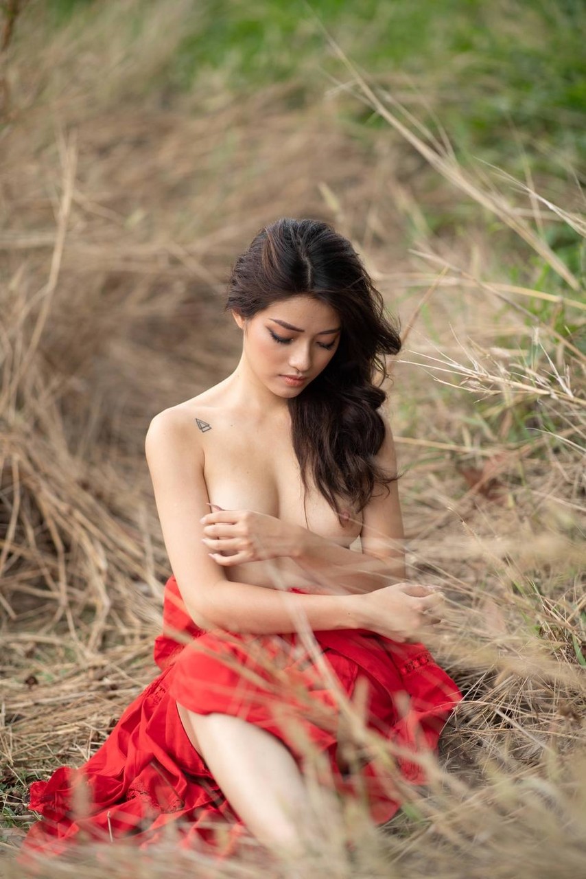 Impresionante modelo asiática posando con un elegante vestido y en topless  en un solo - NakedPics