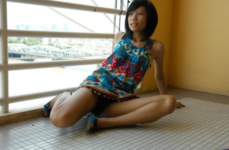 Une gril asiatique maigrelette baisse son slip pour exposer une chatte charnue et poilue.