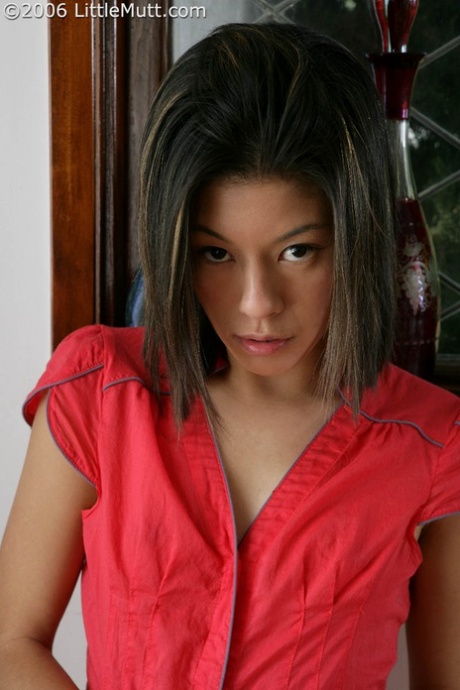 Asiatische Teenagerin Leilani fingert ihre haarlose Pussy auf einem Esstisch