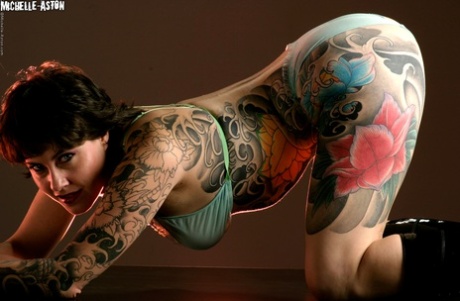 Heavily tattooed female Michelle Aston models solo in sheer lingerie set