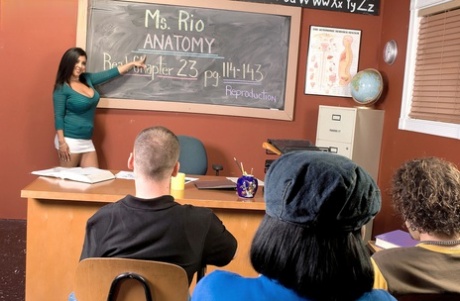 Hot Latina teacher Daylene Rio gives a student sex lessons in class