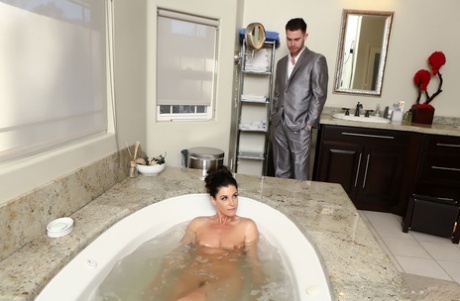 Dark haired female India Summer seduces her man friend after taking a bath