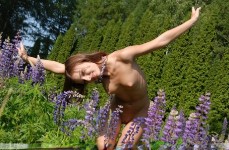 Nikki D, adolescente entièrement nue, se couvre de pétales de fleurs sauvages.