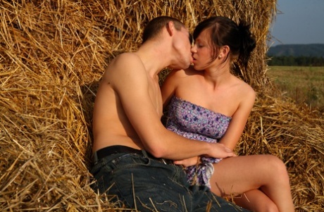 野原に敷き詰められた藁の上で性行為をする欲望に満ちた若いカップル