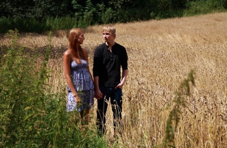Молодая пара вступает в половую связь на поле зрелой пшеницы