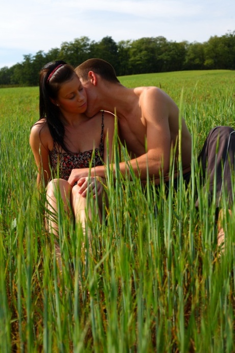 Jonge brunette en haar vriend hebben seks in een boerenveld