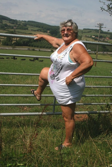 Alte britische Frau Grandma Libby entblößt sich neben einer Rinderherde
