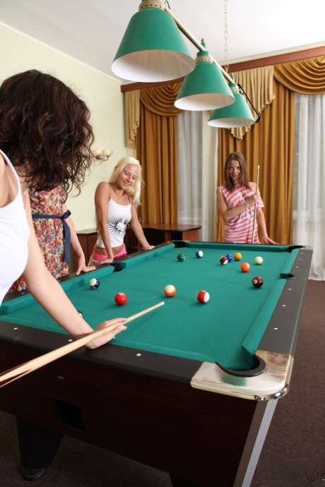 4 teen girls get naked in rec room for lesbian sex on pool table