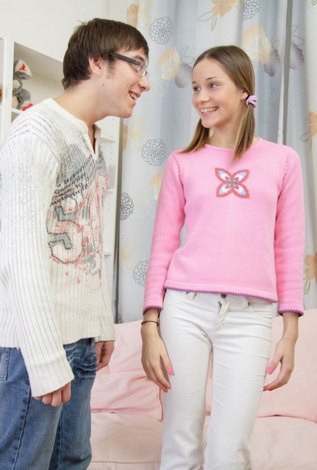 Young blonde girl in cute socks and pigtails is tricked into losing her cherry