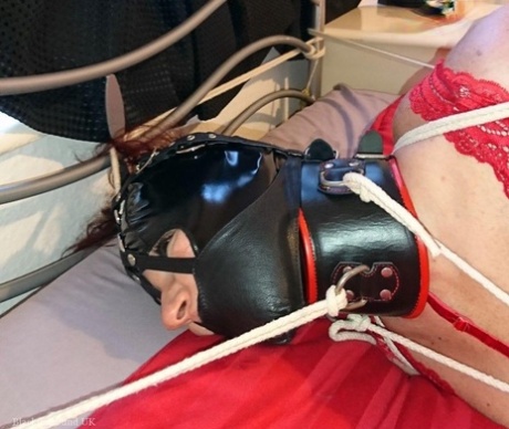 Collared white girl is tied to a bed in red lingerie and a latex hood