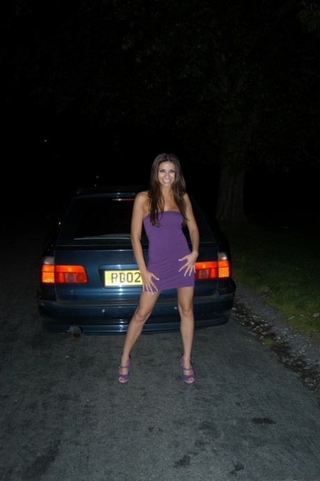 Long legged UK chick exposes her boobs on bonnet of car at night