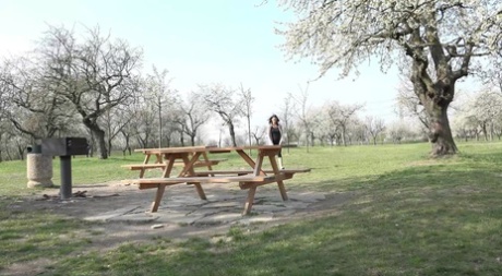 Eveline Neill neemt een broodnodige plas op een picknicktafel in een park