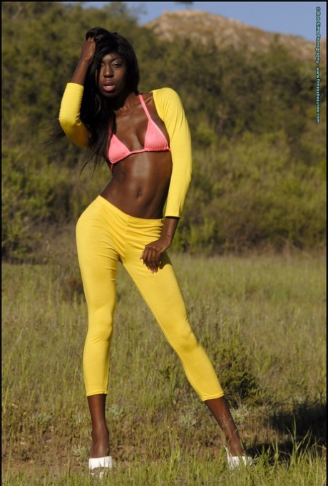 Modelo de fitness Ebony Tera Sims posa para um tiro não-nuclear em um campo