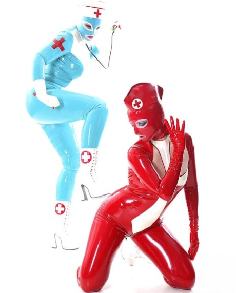 Fetish models hump each other while wearing latex nurse outfits