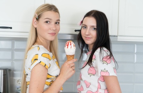 Young looking girls gets totally naked after sharing an ice cream cone