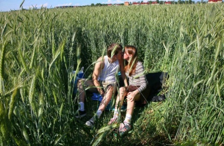Una pareja de adolescentes cachondos encuentran un lugar en la hierba alta donde pueden follar