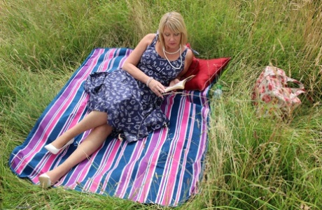 干し草畑の横で、毛布の上で犬かきされる年配のイギリス人。