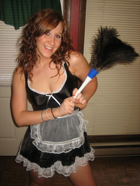 Amateur girl looses her firm tits and pussy from a French maid outfit