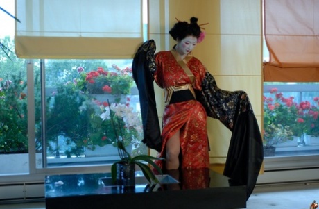 A modelo solitária Tanika expõe as suas cuecas enquanto usa um traje de gueixa
