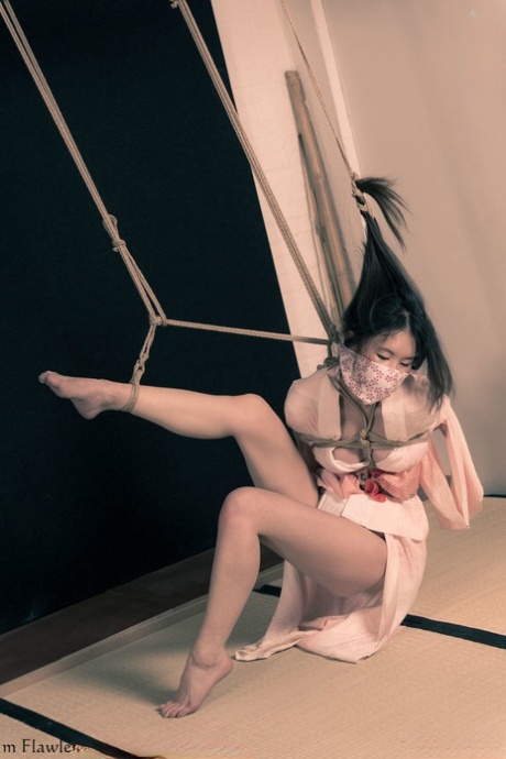 La ragazza asiatica Flawless Meow è legata con una corda per gli arti e i capelli