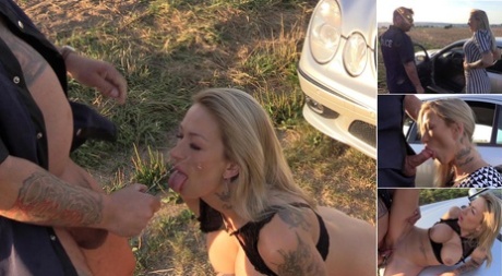 La rubia amateur Evi Sky se arrodilla para recibir una corrida de un policía