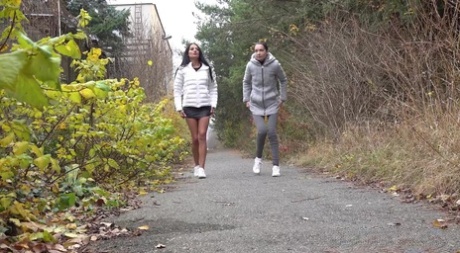 Mistica & Maddi Black pauzeren om te plassen op een wandelpad door het bos