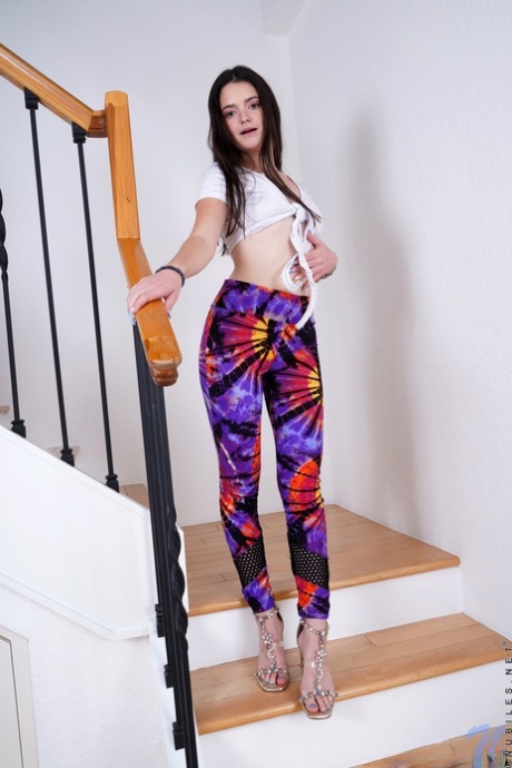 Den tynde brunette-teenager Bella Forbes viser sin lyserøde fisse på en trappe