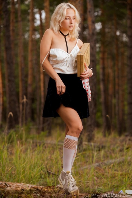 La giovane bionda Lily Shawn si spoglia completamente mentre fa un picnic nel bosco