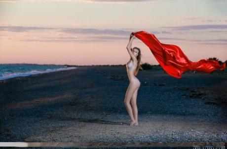 Den unge skjønnheten Elle Tan modellerer splitter naken på stranden i solnedgangen.
