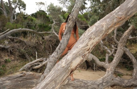 Roxeanne, une jeune femme brune, seins nus sur une plage en micro-bikini.