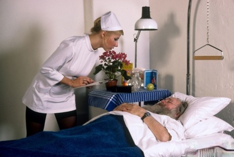 Blonde nurse Karen has sexual intercourse while attending to an old patient