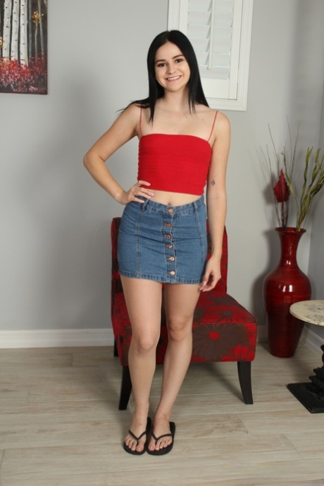 Brunette teen Violet Rain uncovers her flat chest before toying her tight slit