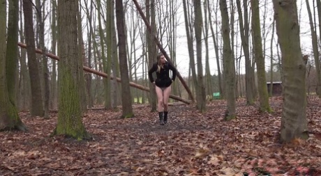 Caucasian chick Victoria Daniels gets caught taking a piss in the woods