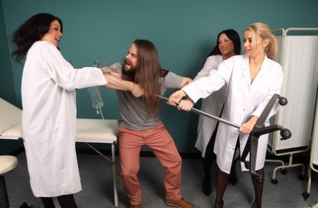 Female doctors watch a blonde coworker get banged by a patient