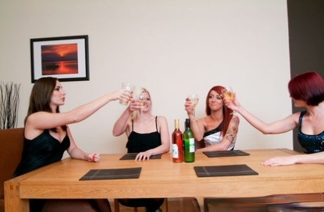 British women drink alcohol before one of them bangs a male slave