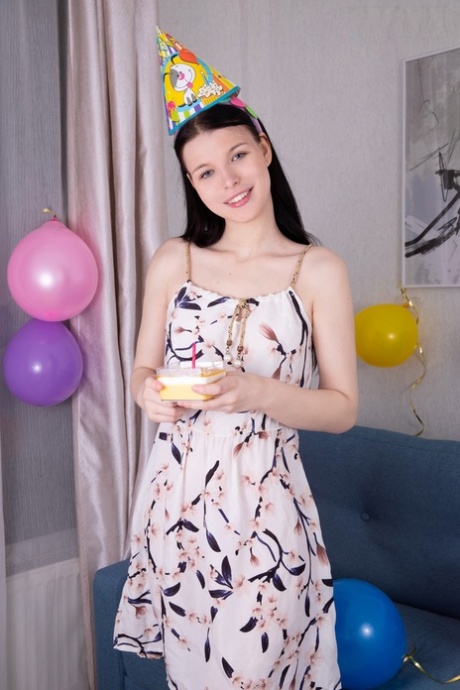 Sweet teen Bella gets naked while celebrating a birthday by herself