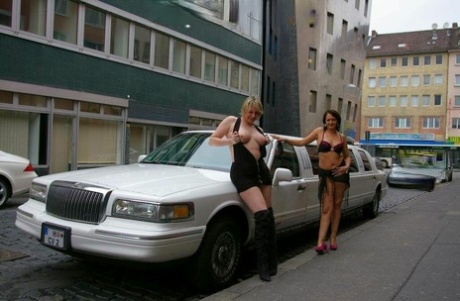 Amateur women flash their tits outside and inside of a stretch limo