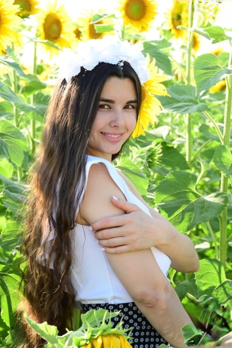 Beautiful brunette teen Sofa gets naked in a field of sunflowers