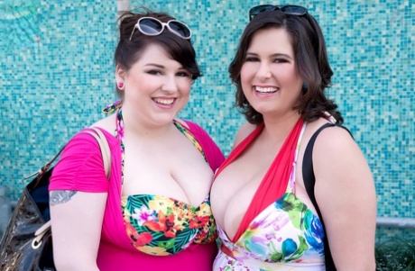 Mature BBW besties take out their massive big tits to play at the beach