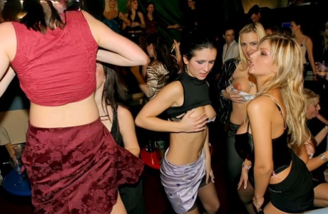 Drunk chicks participate in uninhibited group sex inside swing club