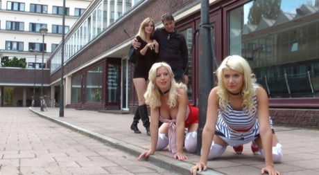 Unterwürfige Blondinen werden in der Öffentlichkeit gedemütigt und gangbanged
