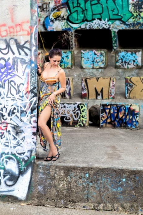 La madura Roni Ford se quita el vestido y las medias para modelar desnuda ante el grafiti