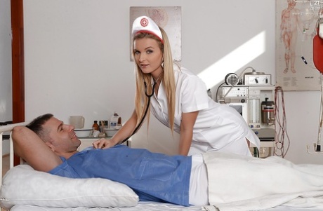 Blonde nurse Jemma Valentine riding cock and taking cum on face