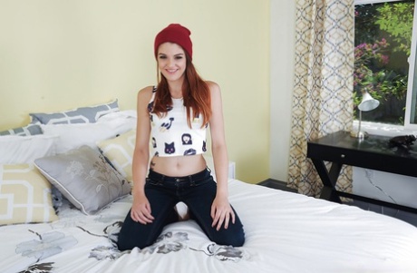 Teen babe Haley Banks posing in toque and jeans before stripping naked