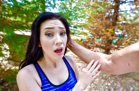 Dark haired slut Aria Alexander taking rough fuck and cum facial outdoors