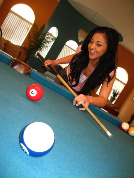 Amateur babe Audrey Bitoni shows her shaved cunt on the pool table